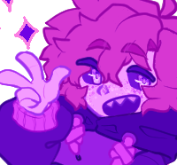Drawn image of a nonbinary humanoid mascot character with light pink/purple skin, hot pink hair, lavender eyes with purple scleras, and freckles. It is wearing a purple and pink hoodie, is doing a peace sign, and is grinning, with sharp teeth showing.